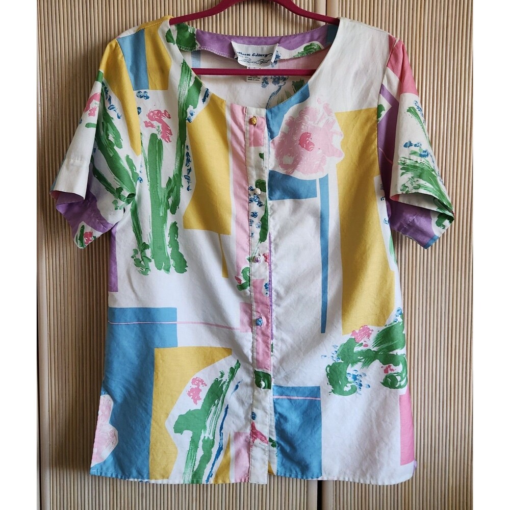 Penthouse Gallery Catherine Ogust Blouse Size S Vintage Cotton Geometric Floral